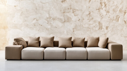 Canvas Print - Modern beige modular sofa with multiple cushions set against a textured, light-colored plaster wall in a minimalist living space.