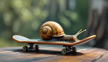 Playful snail on skateboard represents swift transport, blending humor with innovation in efficiency and speed.