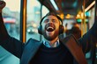 © Vlad - Headphones Singing. Businessman Enjoying City Life, Singing while Commuting by Bus