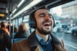 © Vlad - Headphones Singing. Carefree Businessman Enjoying Music on Bus Ride in City