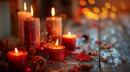 A collection of beautiful flames and candles on a rustic table