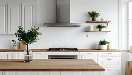 Wall Mural - Sleek silver cooker hood in a pristine minimal kitchen with wooden countertop and decorative plant, showcasing modern elegance and functionality