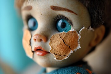 Wall Mural - A doll that seems to age, with its once-new clothes turning to rags and its face cracking over time