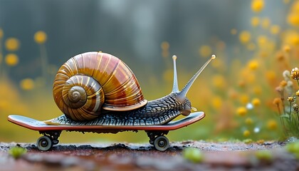 Whimsical snail on a skateboard racing through a vibrant world, showcasing speedy delivery and playful imagination in a fantastical environment