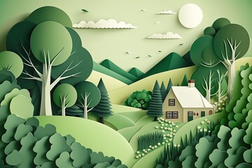 A charming green forest landscape featuring a cozy house nestled among trees and hills on a bright sunny day