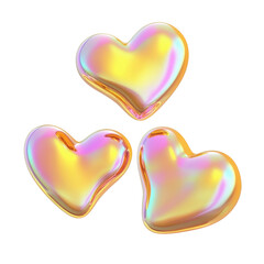Wall Mural - three golg pink heart shaped fluid holographic iridescent 3d render icon isolated on transparent bac