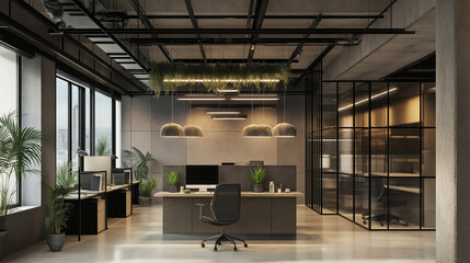 Poster - Modern open space office interior with big windows showing cityscape