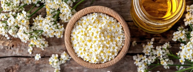 Sticker - essential oil and yarrow flowers. Selective focus