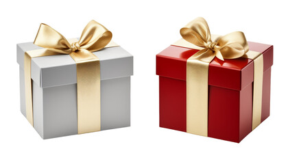 Wall Mural - grey and white gift box with gold ribbon isolated on transparent background cutout