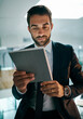 © peopleimages.com - Office, thinking and businessman with tablet, reading and planning for economic trends and online. Confident, stockbroker and contemplating for political events, market volatility and stock prices