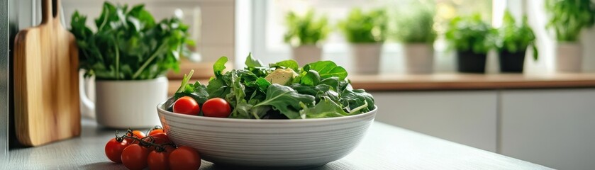 Wall Mural - Fresh Salad Greens and Vegetables Arranged on a Kitchen Counter