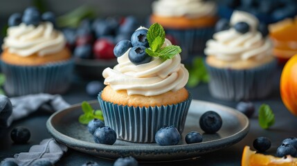 Cupcake with blueberry fruit closeup view