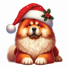 Wall Mural - Cute Christmas Santa Hat Chow Chow Dogs Vector Cartoon illustration white background