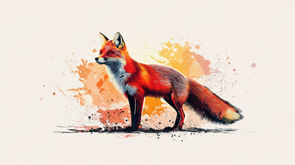 Wall Mural - Red fox standing on a artistic watercolor background