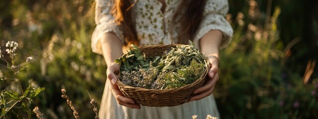 Wall Mural - a woman holds a basket with medicinal herbs in her hands. Selective focus