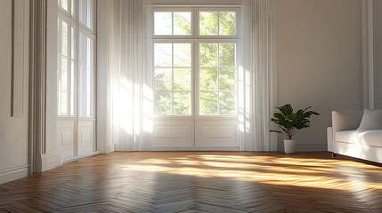 3d rendering picture of an empty living room with sunlight shine through a sliding door wooden floor white wall Renovate New house Home loan Property Background Mockup Backdrop Adverti : Generative AI