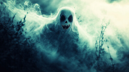 Scary ghost surrounded by fog emerging from the dark