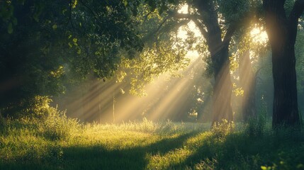 Wall Mural - Sunlight Streaming Through the Lush Foliage of a Verdant Forest