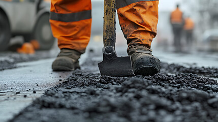 Wall Mural - A worker in orange pants is shown up close working on road repair, using tools. The image highlights ongoing construction work on the street