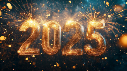 Poster - 2025 sparkling golden new year sign with fireworks