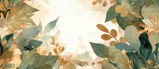 Modern abstract painting featuring animal illustrations with golden elements Watercolor design ideal for children s wallpaper incorporating hand drawn tropical plants flowers and leaves