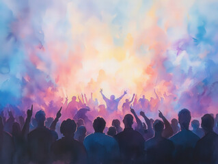 Futuristic Concert: Holographic Performers in Watercolor Painting