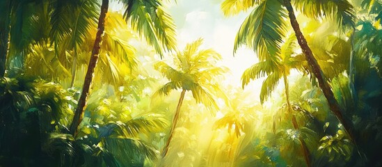 Vibrant painting of leafy palm trees under bright sunlight in a tropical coconut farm setting