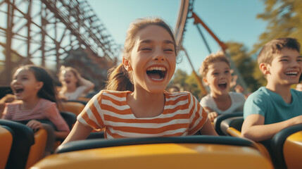 Group of children having fun riding roller coaster in amusement park