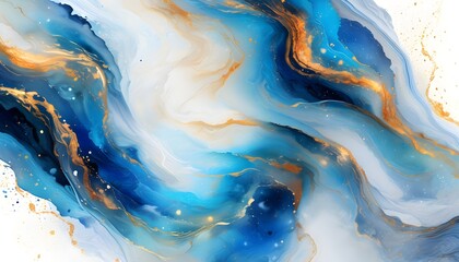 Colorful Abstract Swirl Watercolor Marble with Galactic Cobalt Blue and Gold in a Spring-Inspired Palette