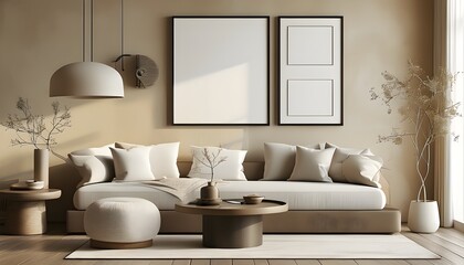 Wall Mural - Cozy Minimalist Living Room Featuring Mock-Up Wall Decor Frame and Comfortable Sofa