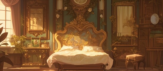 Artistic depiction of a square framed bedroom interior featuring a decorative headboard and elegant bedding on a single bed