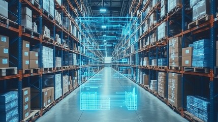 Smart warehouse management system using augmented reality technology to identify package picking and delivery . Future concept of supply chain and logistic business	