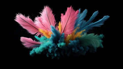 Wall Mural - Colorful feathers exploding in vibrant clouds of colored powder against a black background.