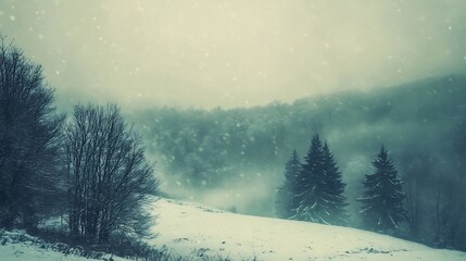 A serene winter landscape with snow-covered hills and trees shrouded in mist.