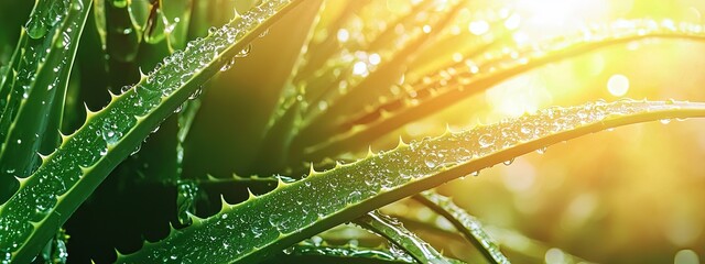 Sticker - drops of water on aloe vera. Selective focus