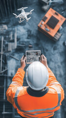 Construction Worker Operating Drone on Site