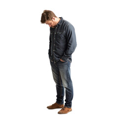 Wall Mural - A man standing with slumped shoulders and hands in pockets, looking down with a forlorn expression isolated on transparency background