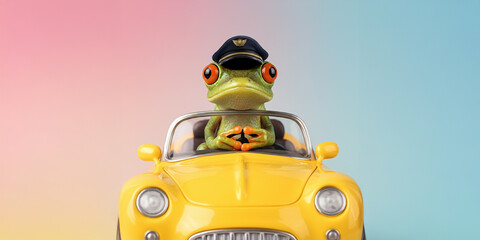 Wall Mural - Green Frog Driving a Yellow Car, Cute, Colorful & Funny Animal Image