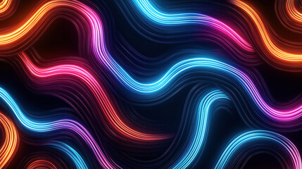 Canvas Print - Abstract image featuring vibrant, multicolored neon light trails forming wavy patterns on a dark background, with colors including blue, pink, orange, and purple.