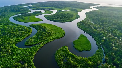 Aerial view of a lush, winding river surrounded by vibrant green vegetation and wetlands.