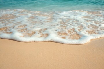 Wall Mural - Gentle Wave On Sandy Tropical Seashore - Beach Vacation Background with generative ai