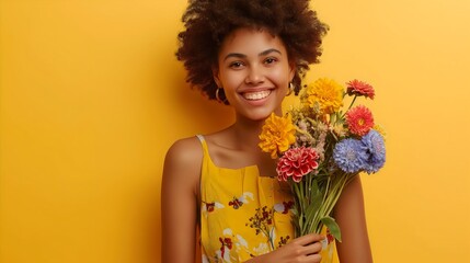 Smiling woman holding a beautiful floral bouquet, happy young model posing with a bunch of flowers, attractive female in stylish dress Romantic gift, cheerful portrait of a lady Isolated Copy space