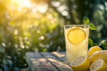 Glass Of Lemonade On Table In Garden With Lemons And Sunlight - Summertime, copy-space  with generative ai