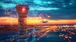 © Brynjar - A digital representation of an airport control tower at sunset, with an airplane taking off in the background.