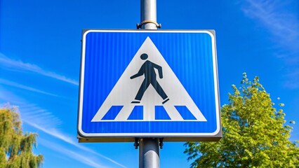 Vibrant blue traffic signs mounted on a street pole indicate pedestrian crossing ahead and straight traffic direction with a clear blue sky in the background.