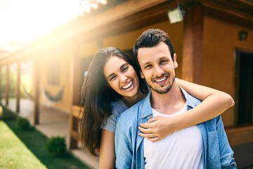 Poster - Hug, portrait and smile of couple at new home together for investment in property or real estate. Celebration, growth or love with man and woman embracing outdoor in garden of apartment for mortgage