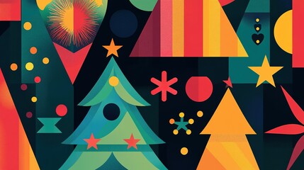 Colorful geometric holiday decorations with Christmas trees and festive symbols on a dark background