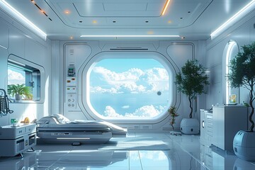 Wall Mural - a white room with a large window overlooking the sky