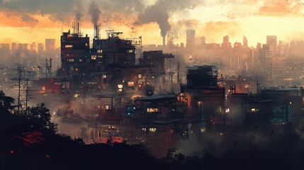 Canvas Print - Futuristic Dystopian Cityscape at Sunset