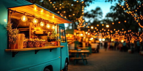 A night market in the city, with food trucks lit up and people enjoying the vibrant street food scene.